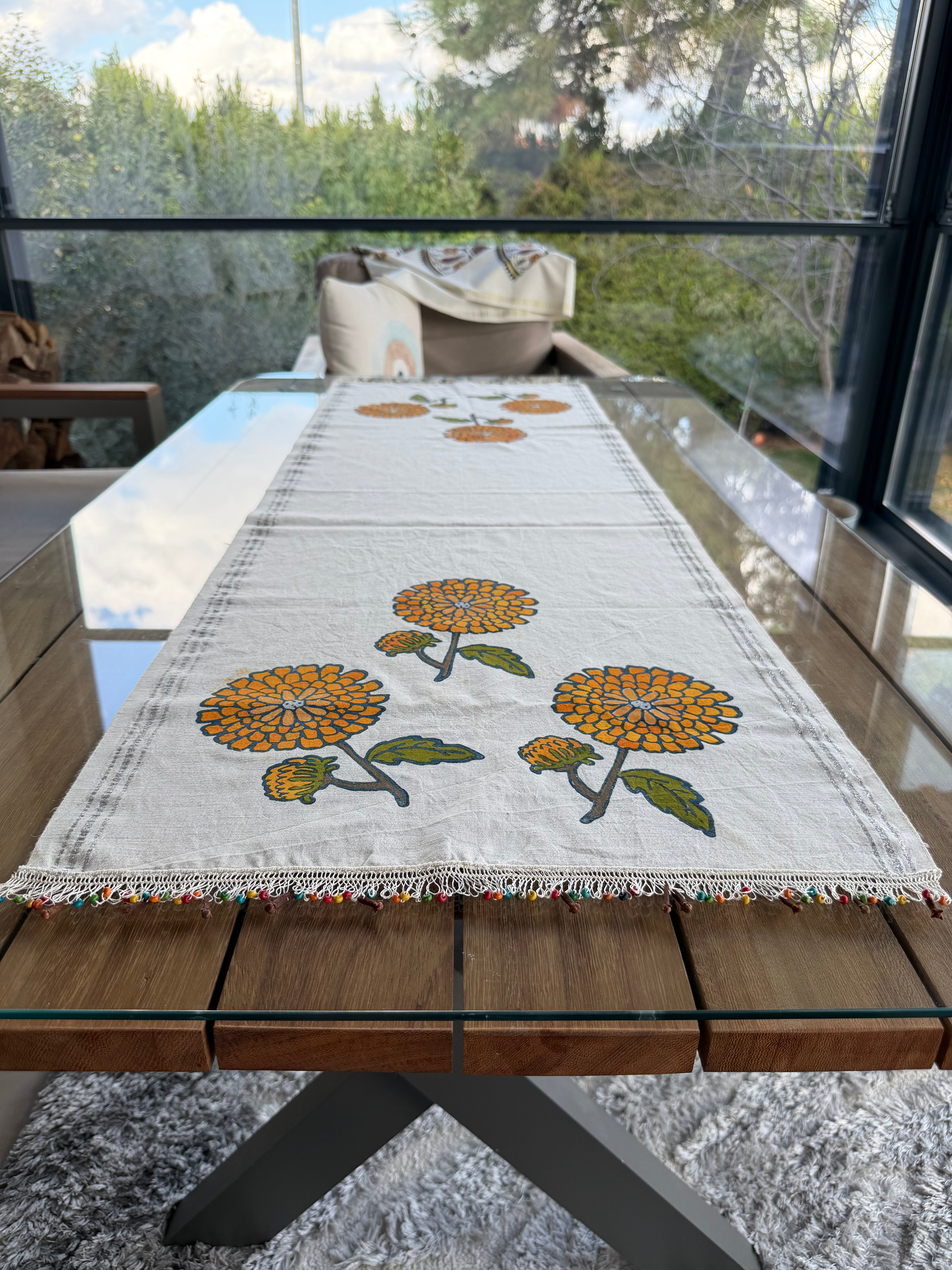 Hand-Painted Marigold Bloom Table Runner