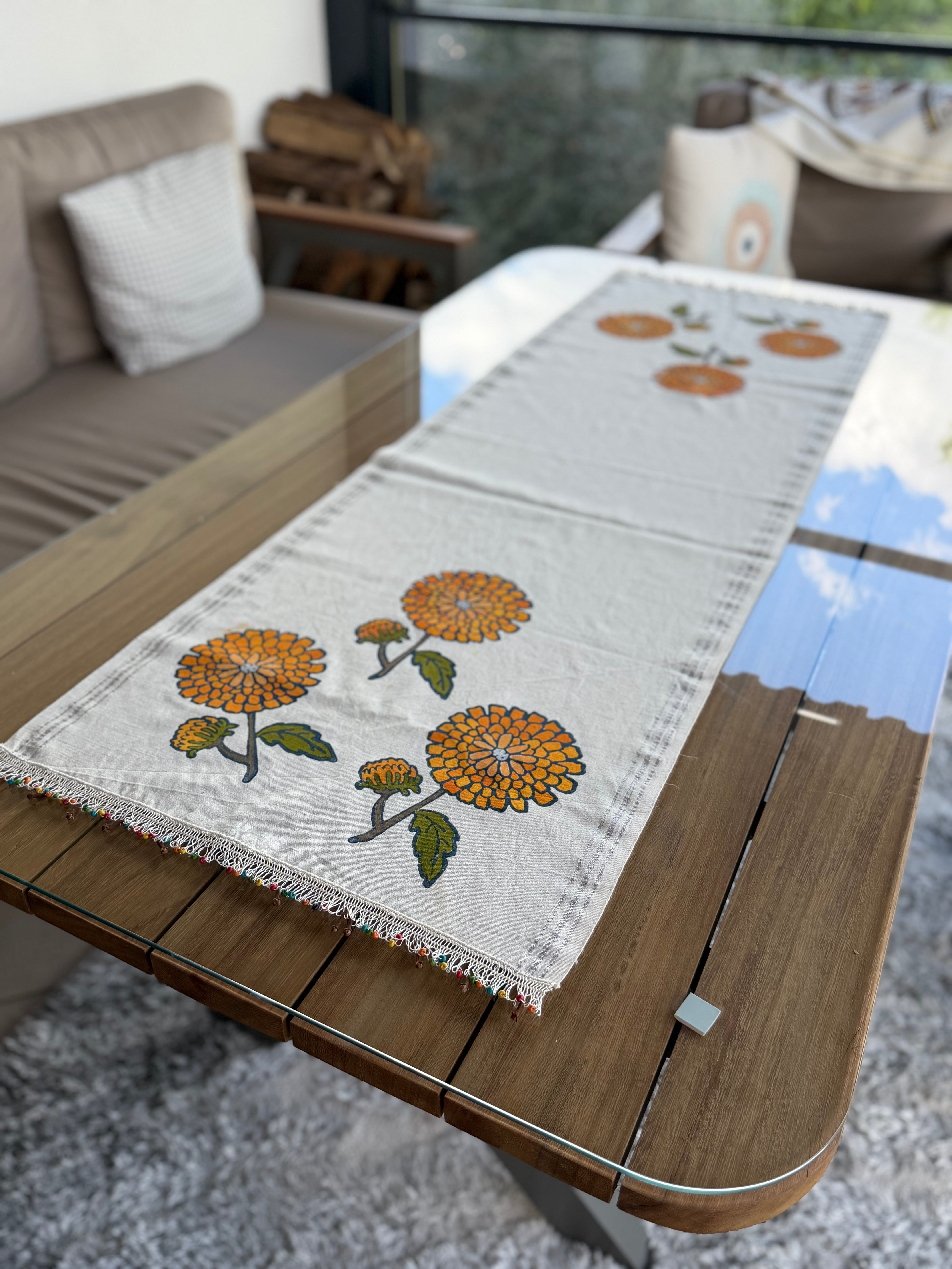 Hand-Painted Marigold Bloom Table Runner