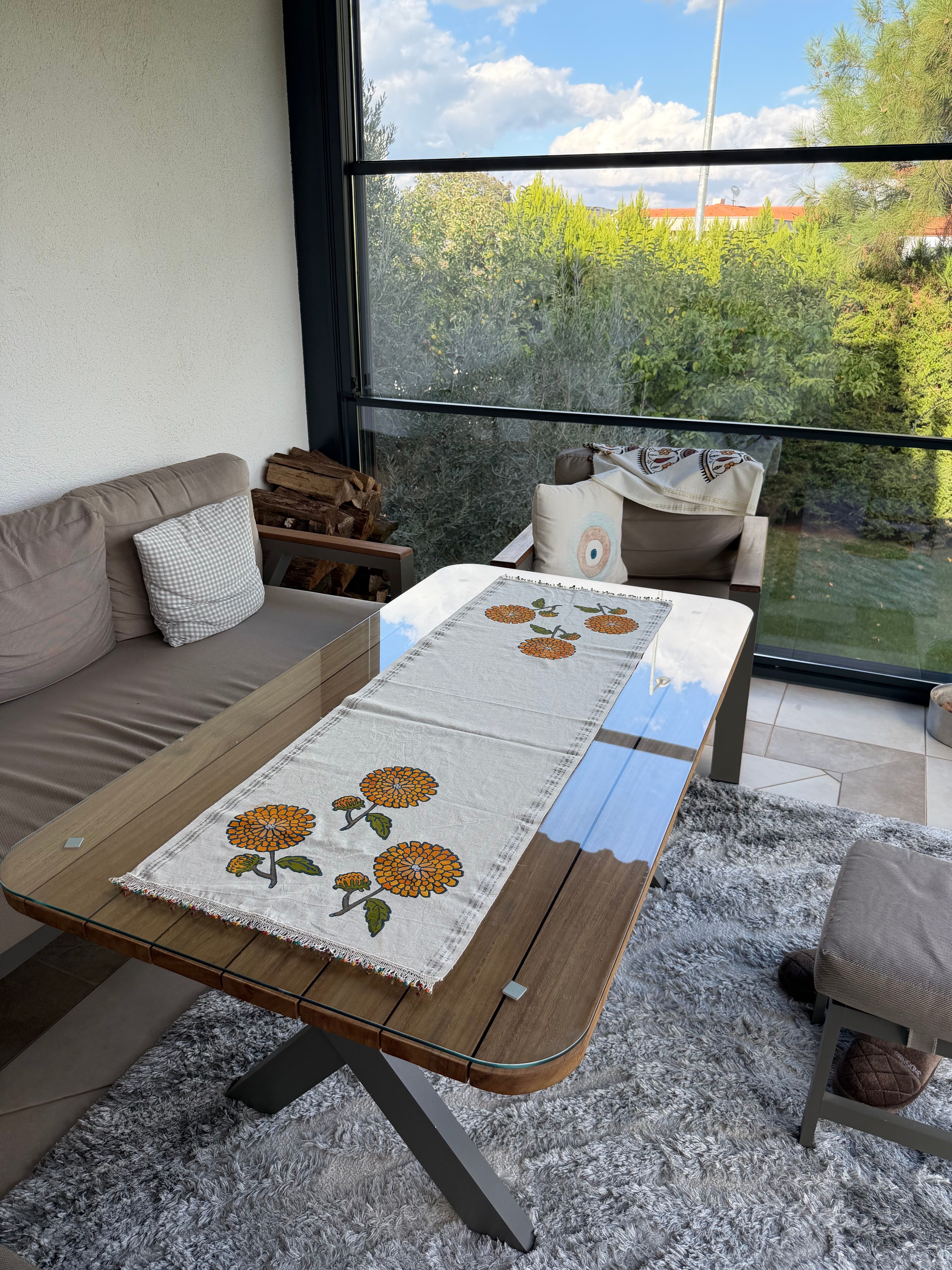 Hand-Painted Marigold Bloom Table Runner