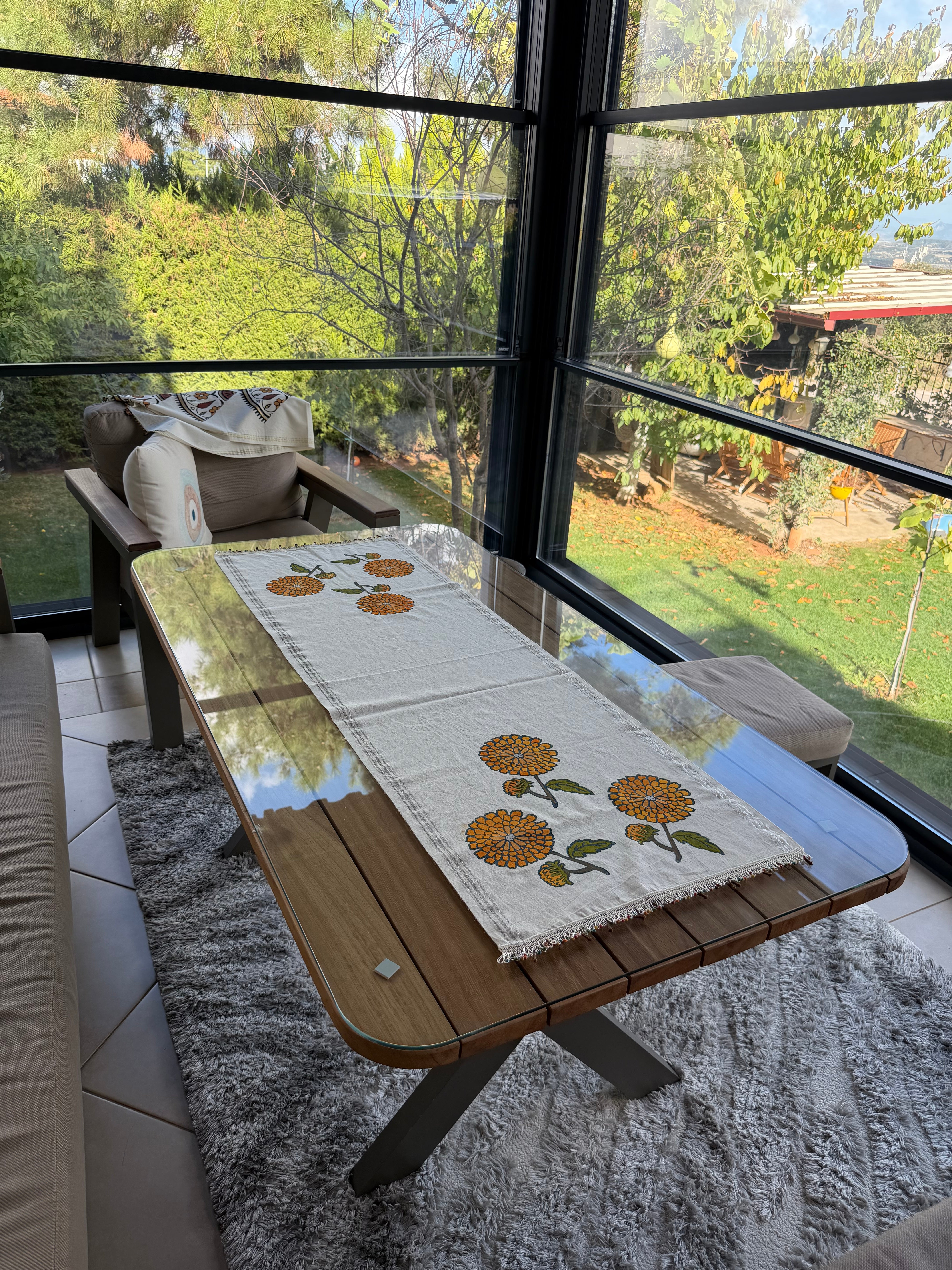 Hand-Painted Marigold Bloom Table Runner