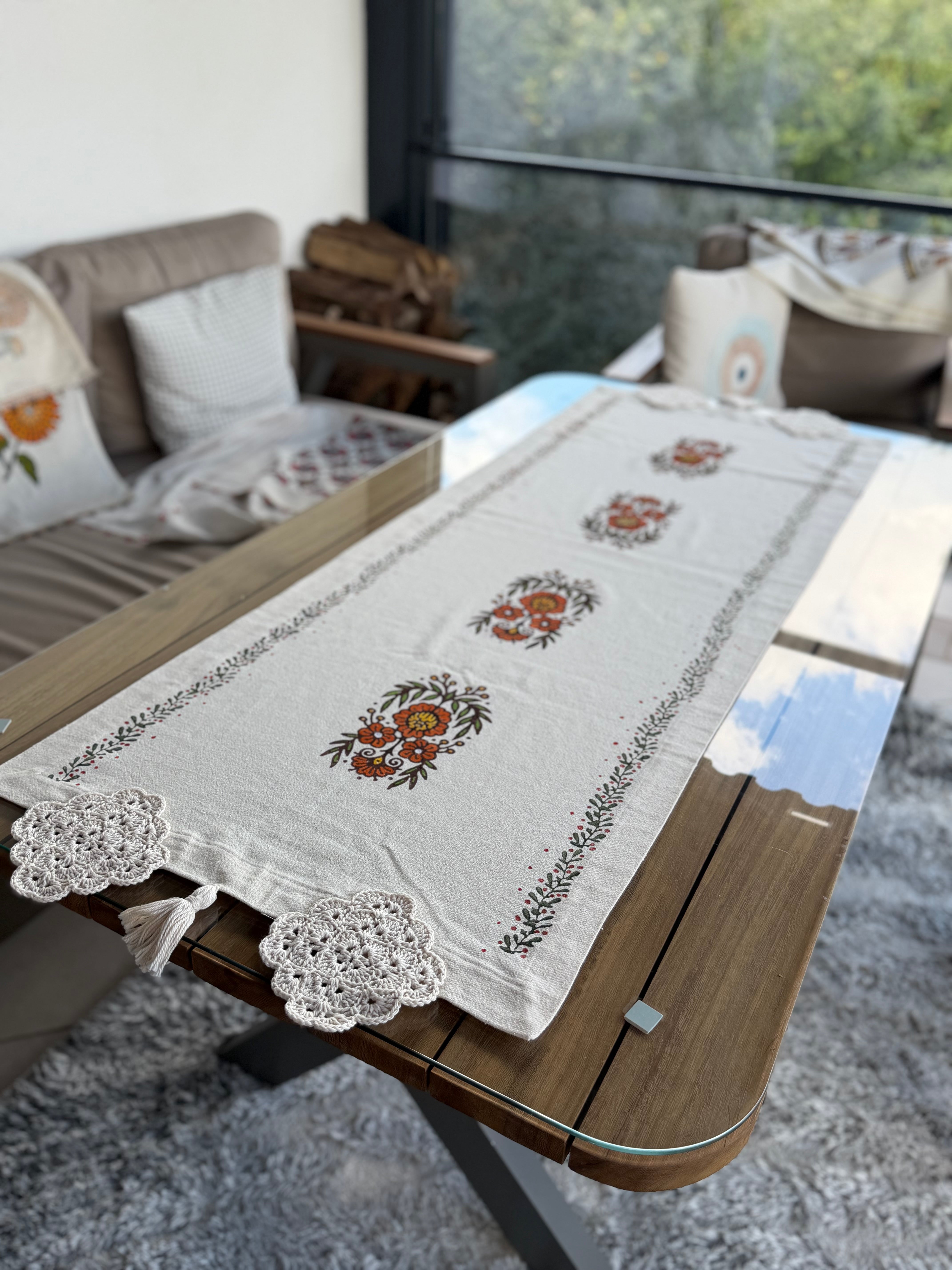 Hand-Painted Olive Blossom Table Runner