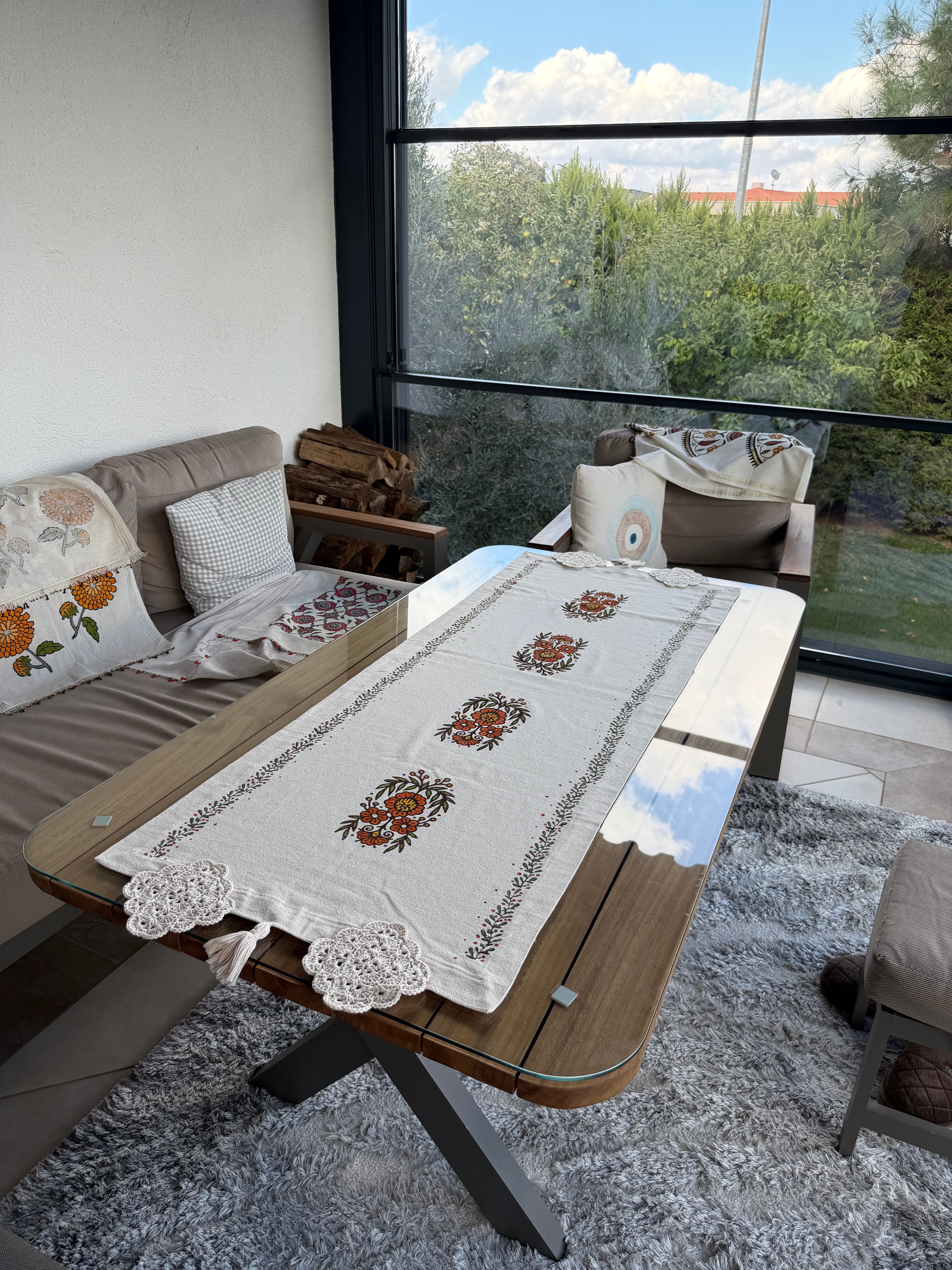 Hand-Painted Olive Blossom Table Runner