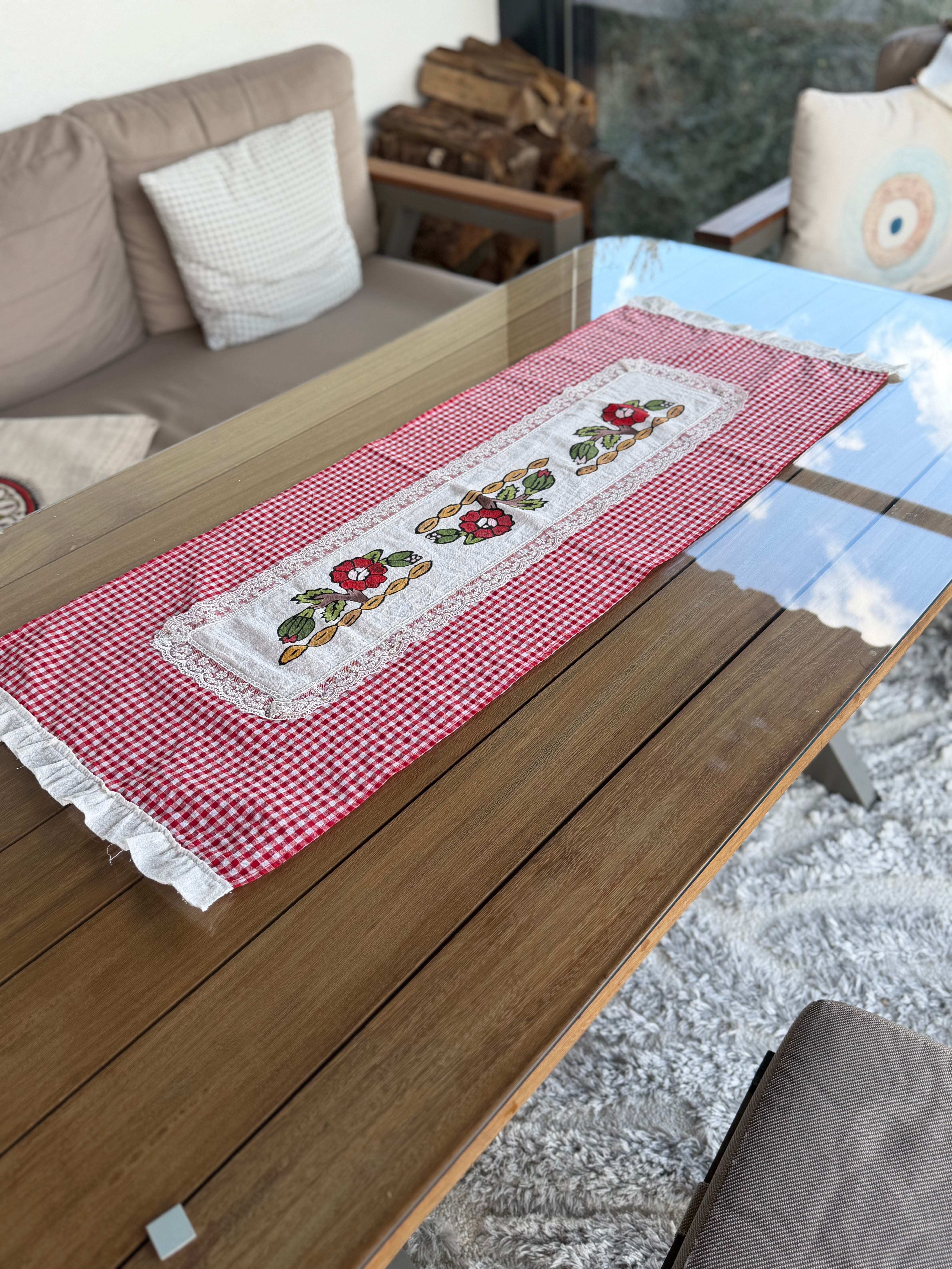 Hand-Painted Festive Gingham Table Runner