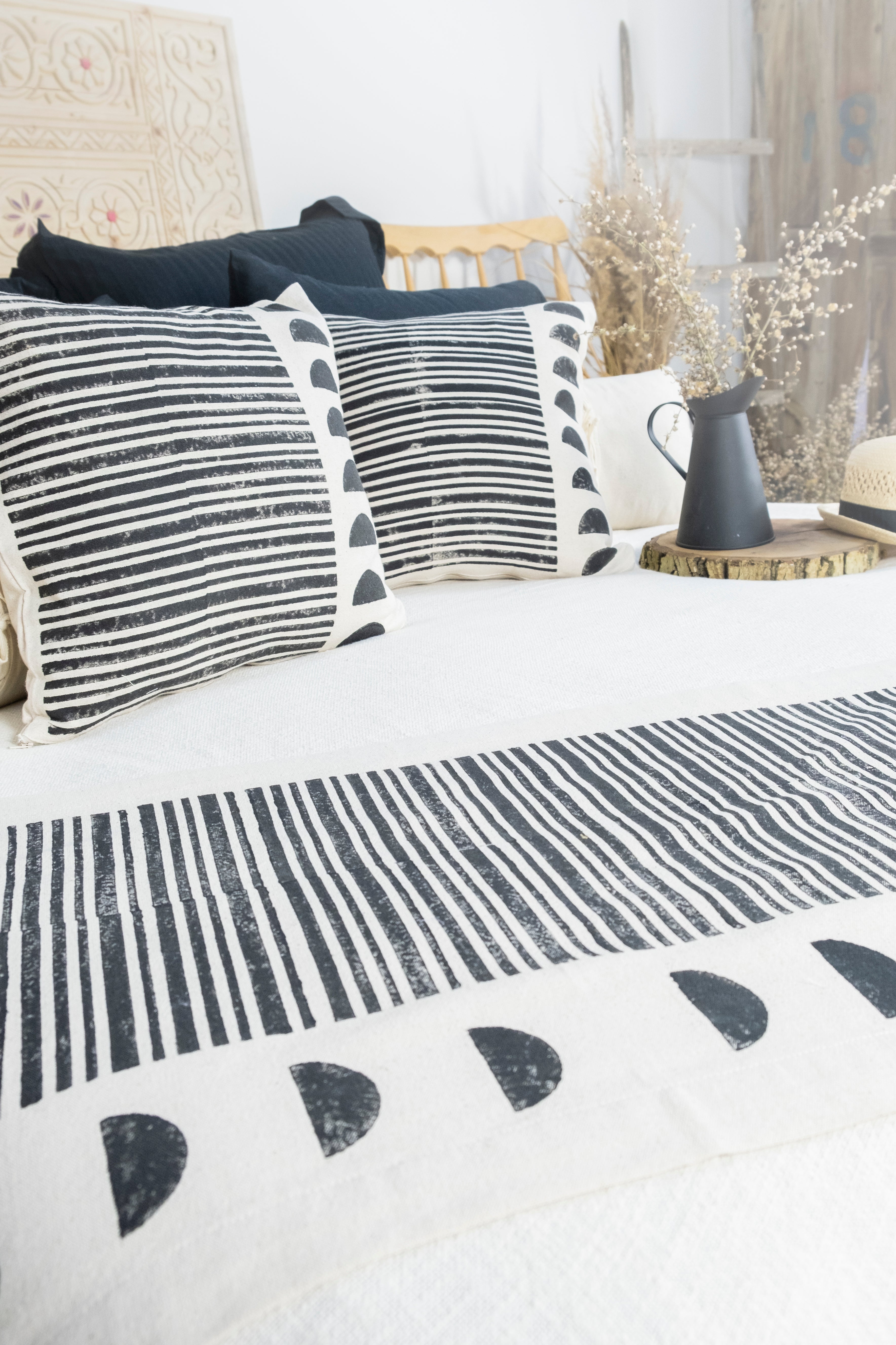 Black Block-Printed Cushion Covers & Table Runner Set