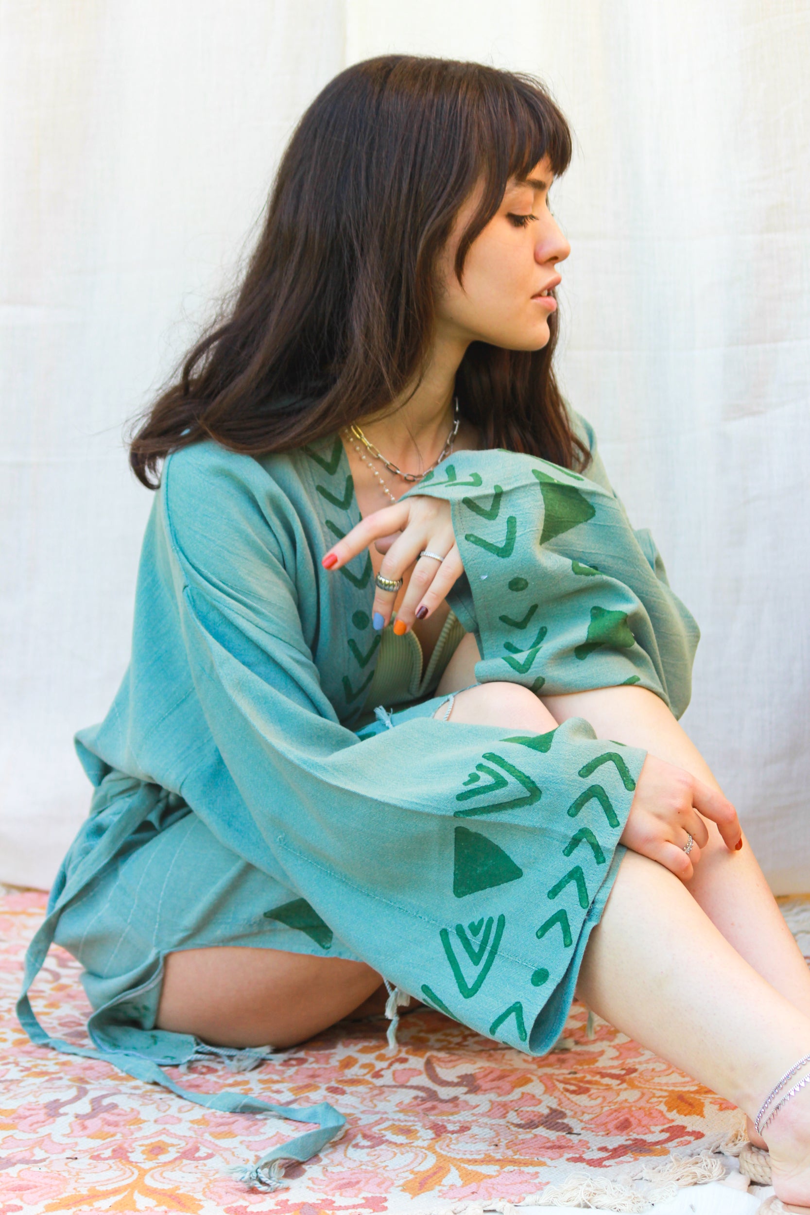 Geometric Print Kimono - Pistachio Green