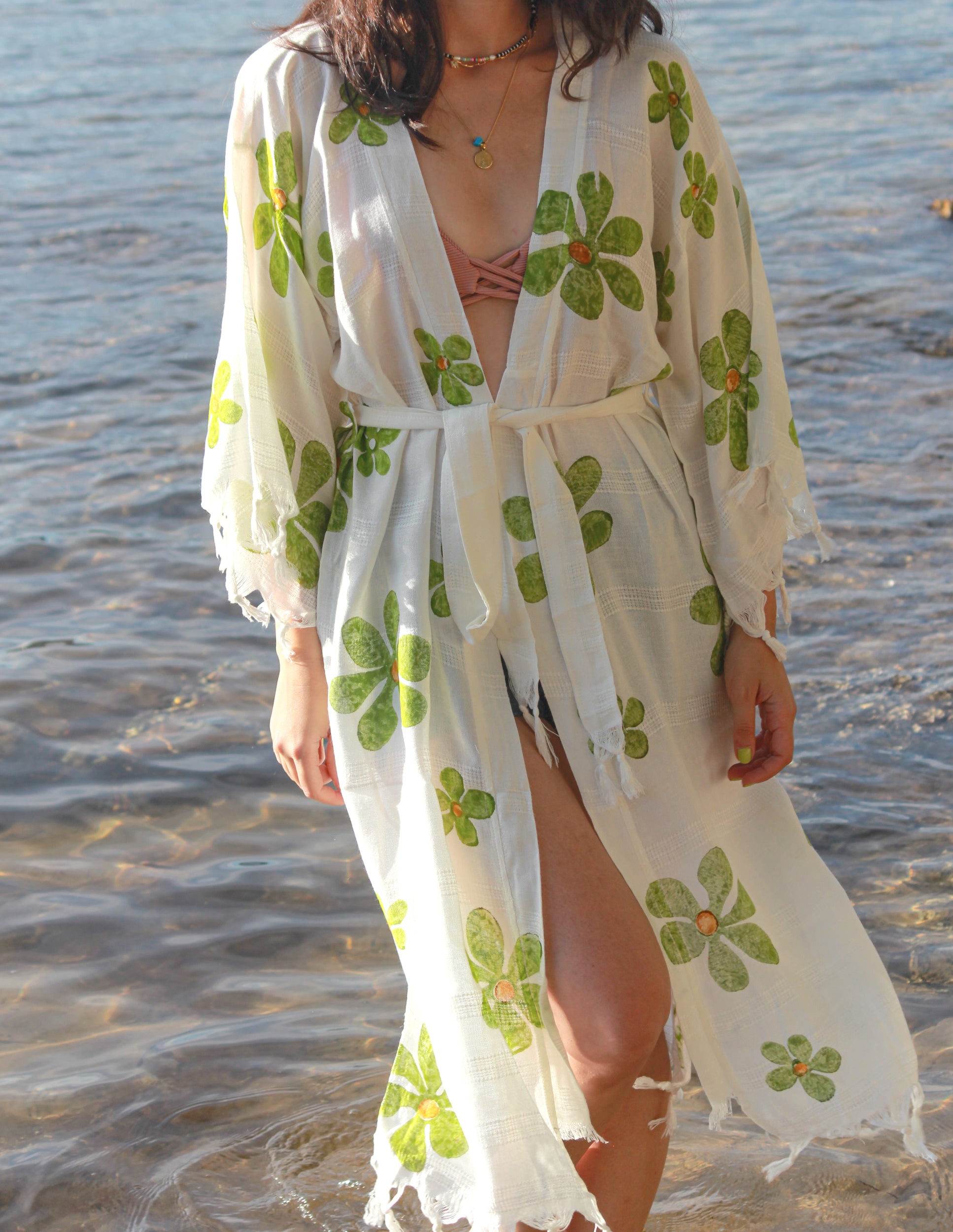 Daisy Boho Kimono With Soft Texture - Green