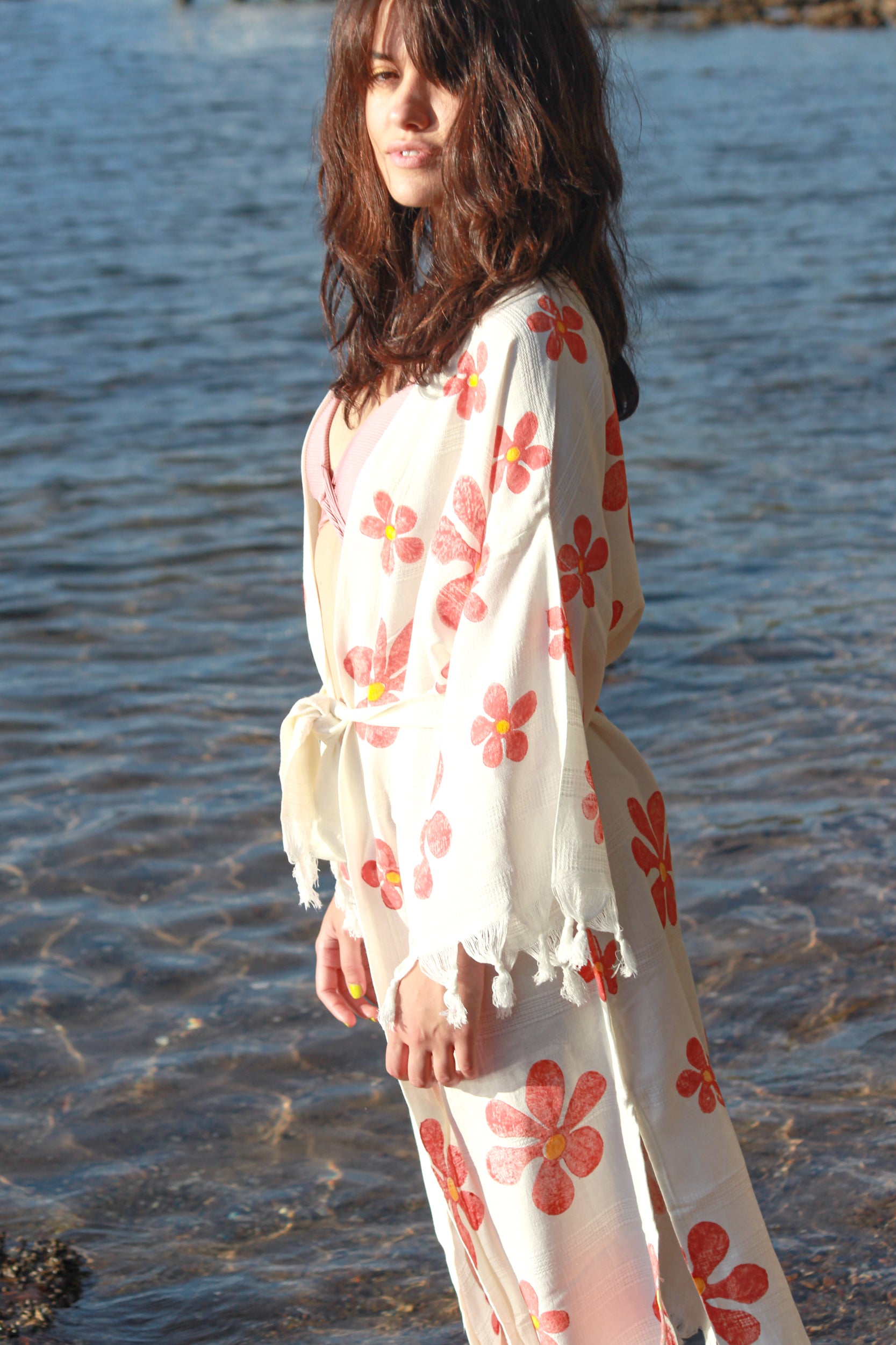 Daisy Boho Kimono With Soft Texture - Red